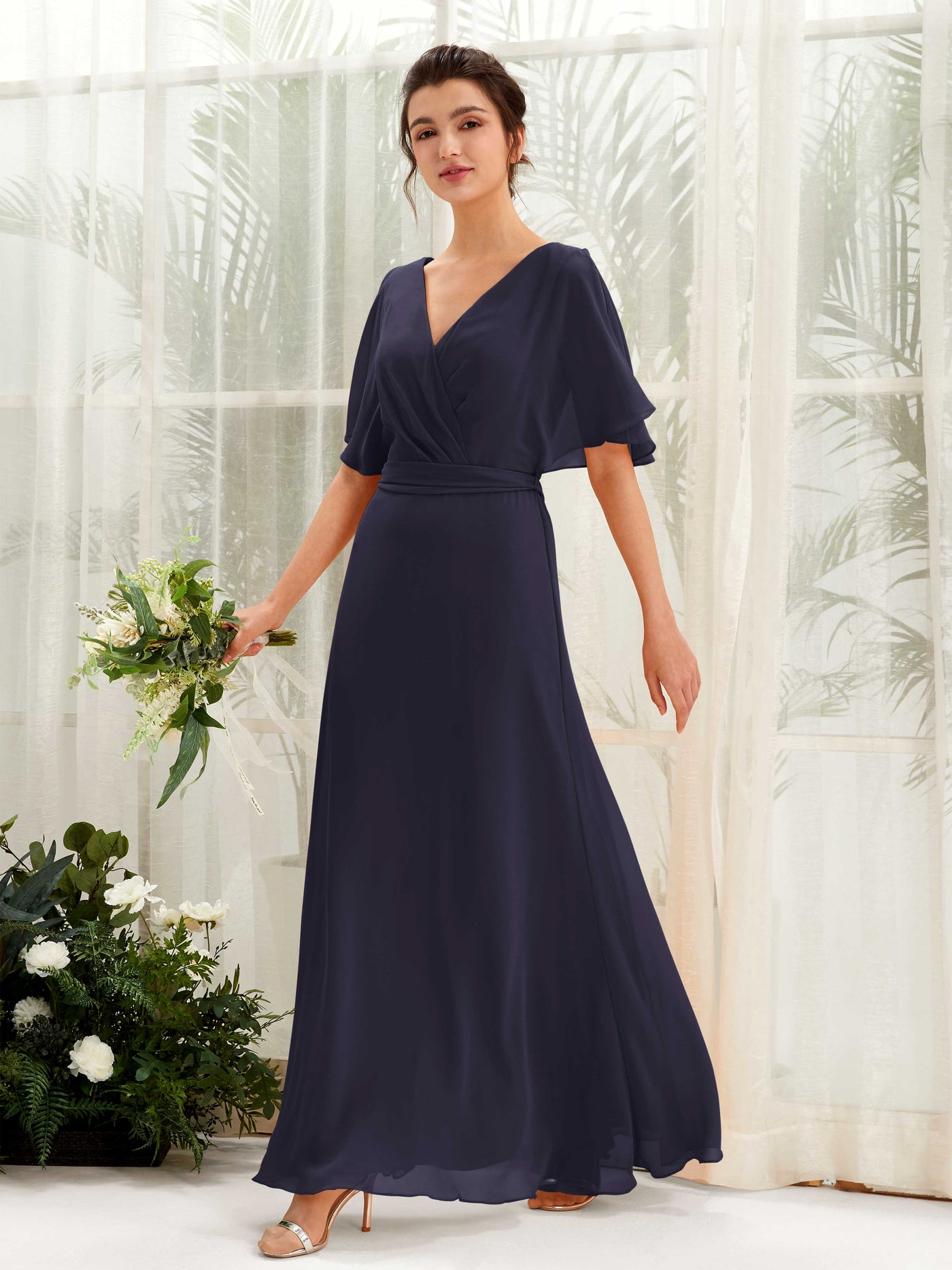 Carlyna A-Linien-Kleid V-Ausschnitt Umhang-Ärmel Bodenlang Brautjungfernkleid Dunkel Marineblau #farbe_dunkel-marineblau