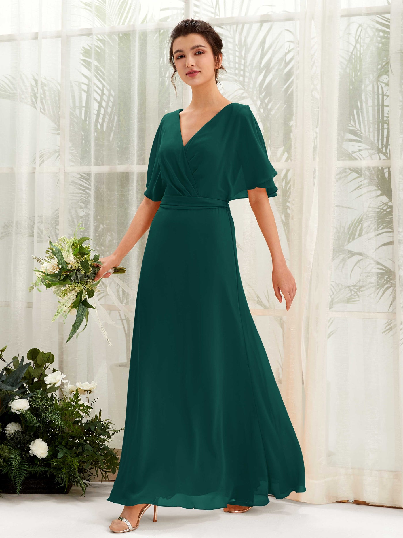 Carlyna A-Linien-Kleid V-Ausschnitt Umhang-Ärmel Bodenlang Brautjungfernkleid Dunkelsmaragd #farbe_dunkelsmaragd