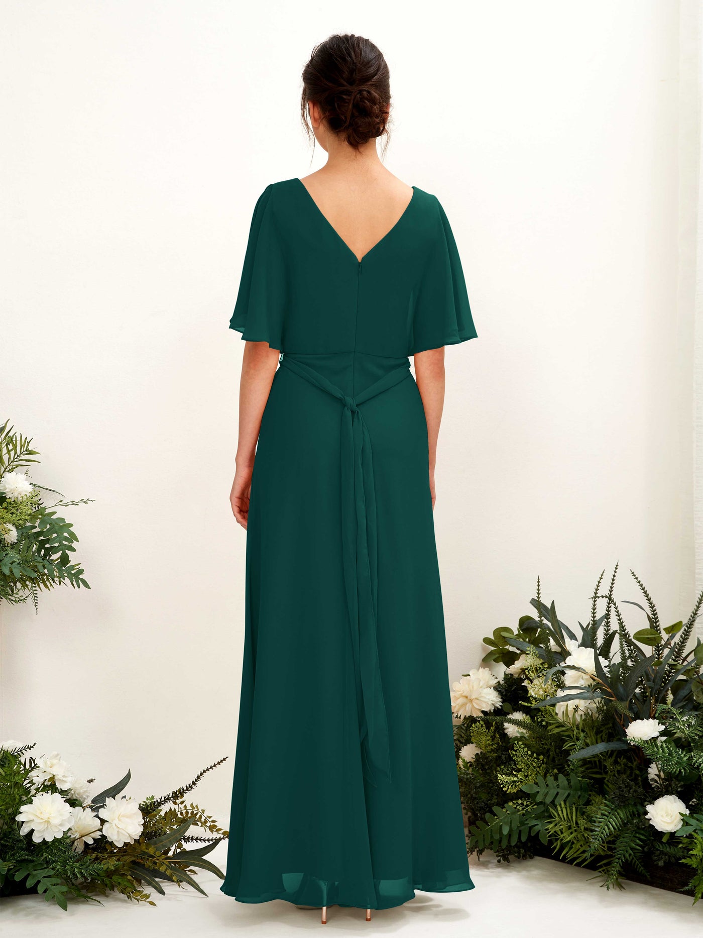 Carlyna A-Linien-Kleid V-Ausschnitt Umhang-Ärmel Bodenlang Brautjungfernkleid Dunkelsmaragd #farbe_dunkelsmaragd