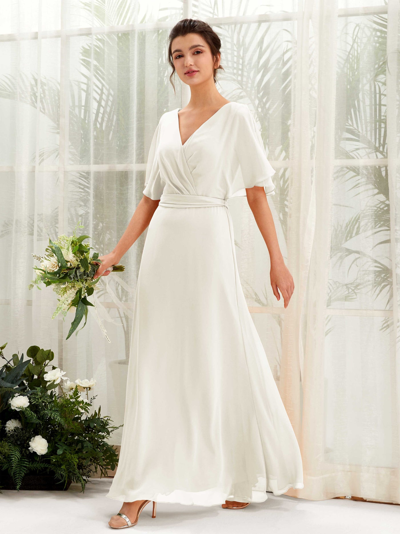 Carlyna A-Linien-Kleid V-Ausschnitt Umhang-Ärmel Bodenlang Brautjungfernkleid Elfenbein #farbe_elfenbein