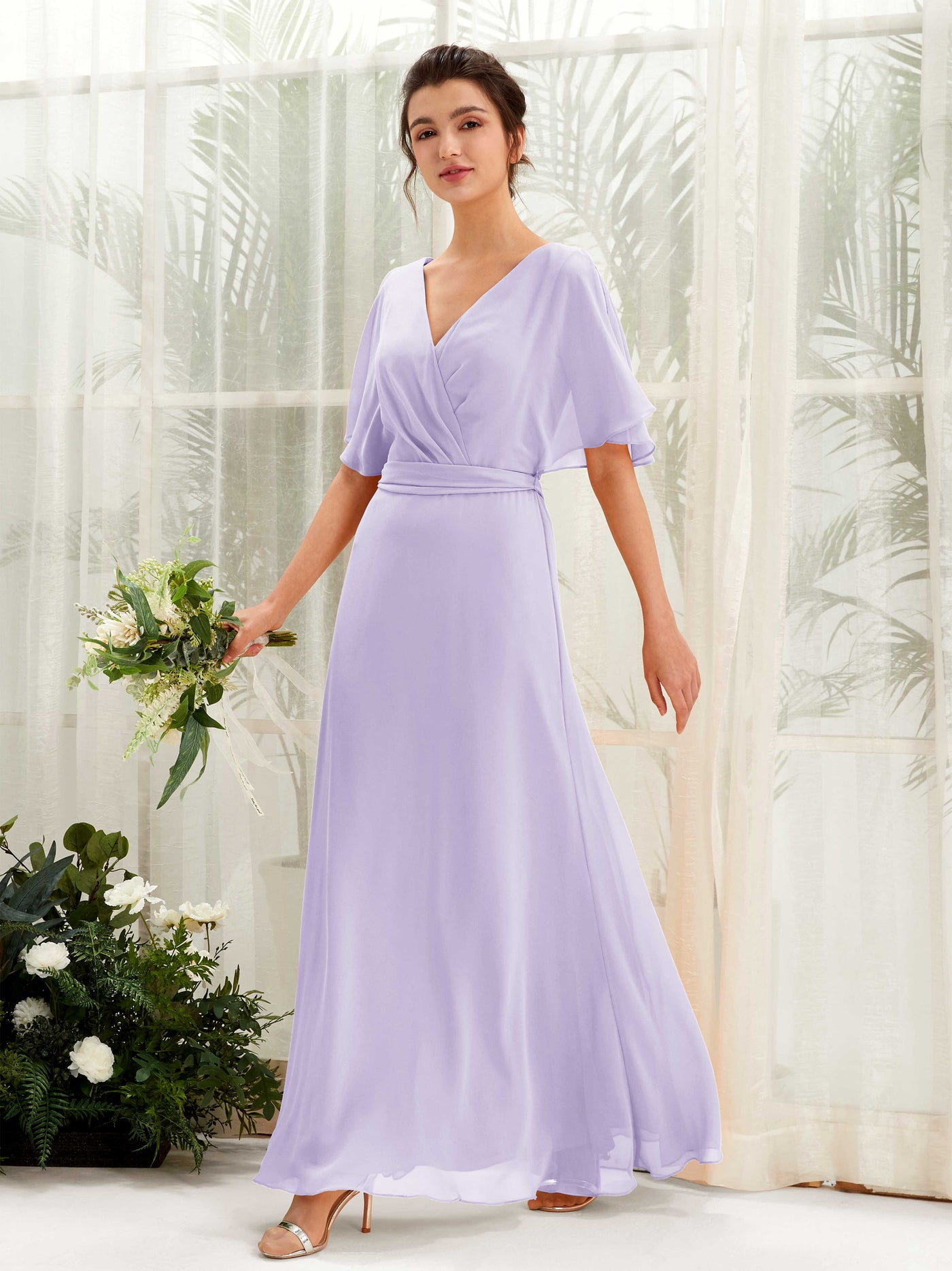 Carlyna A-Linien-Kleid V-Ausschnitt Umhang-Ärmel Bodenlang Brautjungfernkleid Flieder #farbe_flieder