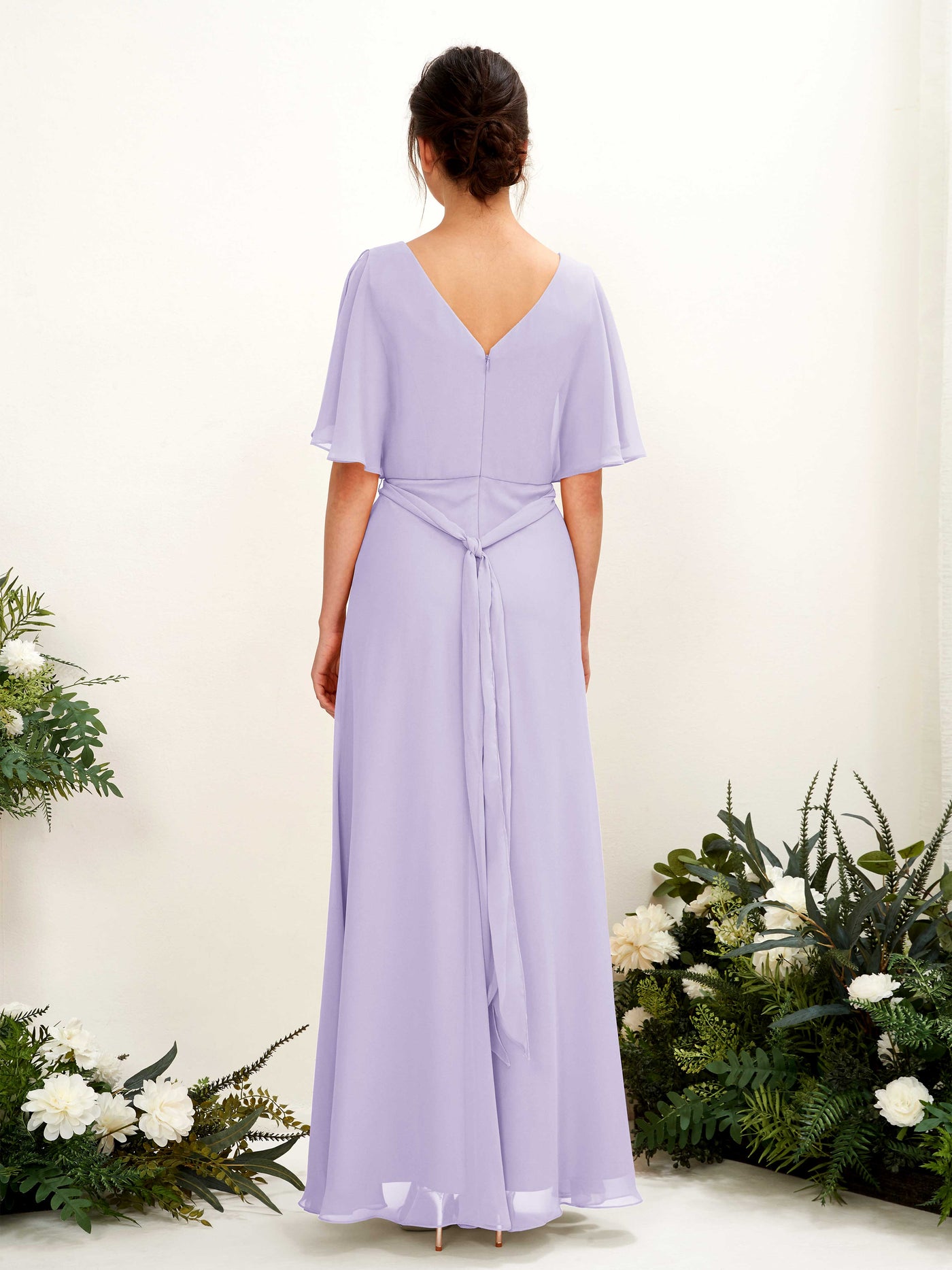 Carlyna A-Linien-Kleid V-Ausschnitt Umhang-Ärmel Bodenlang Brautjungfernkleid Flieder #farbe_flieder
