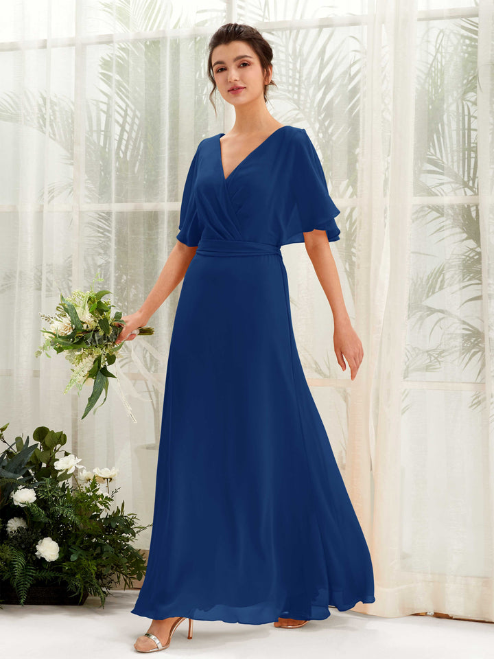 Carlyna A-Linien-Kleid V-Ausschnitt Umhang-Ärmel Bodenlang Brautjungfernkleid Königsblau 