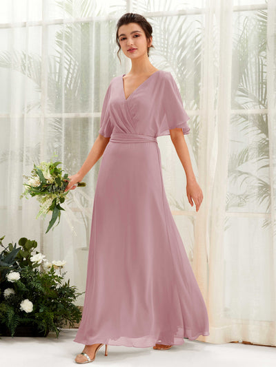 Carlyna A-Linien-Kleid V-Ausschnitt Umhang-Ärmel Bodenlang Brautjungfernkleid Klassisch Mauve #farbe_klassisch-mauve