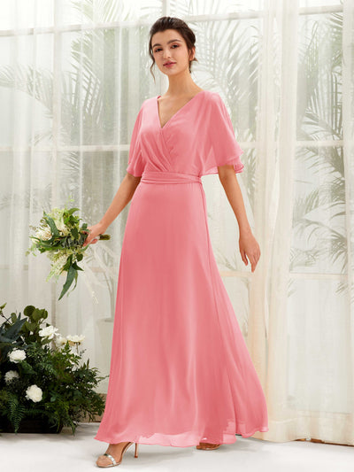 Carlyna A-Linien-Kleid V-Ausschnitt Umhang-Ärmel Bodenlang Brautjungfernkleid Korallenrosa #farbe_korallenrosa