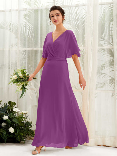 Carlyna A-Linien-Kleid V-Ausschnitt Umhang-Ärmel Bodenlang Brautjungfernkleid Lila #farbe_lila