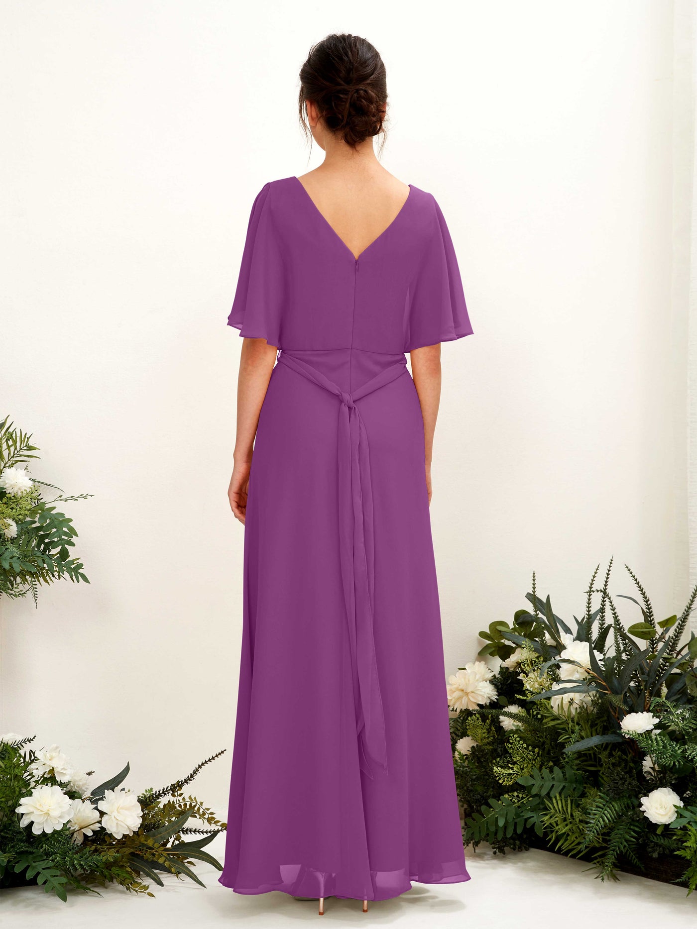 Carlyna A-Linien-Kleid V-Ausschnitt Umhang-Ärmel Bodenlang Brautjungfernkleid Lila #farbe_lila