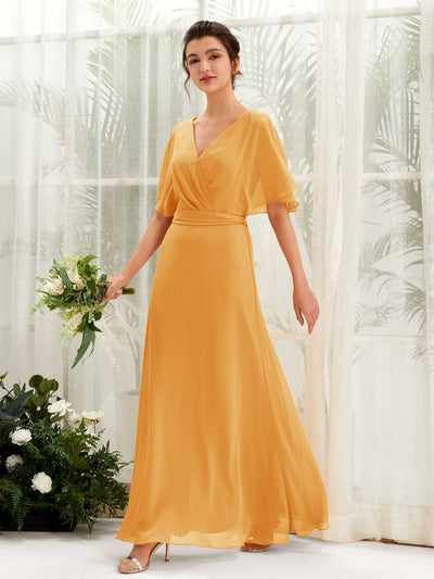 Carlyna A-Linien-Kleid V-Ausschnitt Umhang-Ärmel Bodenlang Brautjungfernkleid Mango #farbe_mango