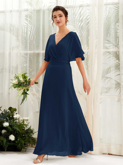 Carlyna A-Linien-Kleid V-Ausschnitt Umhang-Ärmel Bodenlang Brautjungfernkleid Marineblau #farbe_marineblau