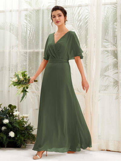 Carlyna A-Linien-Kleid V-Ausschnitt Umhang-Ärmel Bodenlang Brautjungfernkleid Martini-Olive #farbe_martini-olive