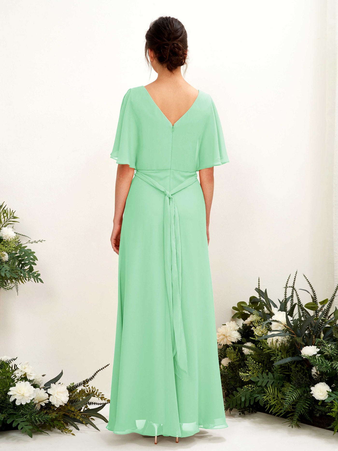 Carlyna A-Linien-Kleid V-Ausschnitt Umhang-Ärmel Bodenlang Brautjungfernkleid Minzgrün #farbe_minzgr-n