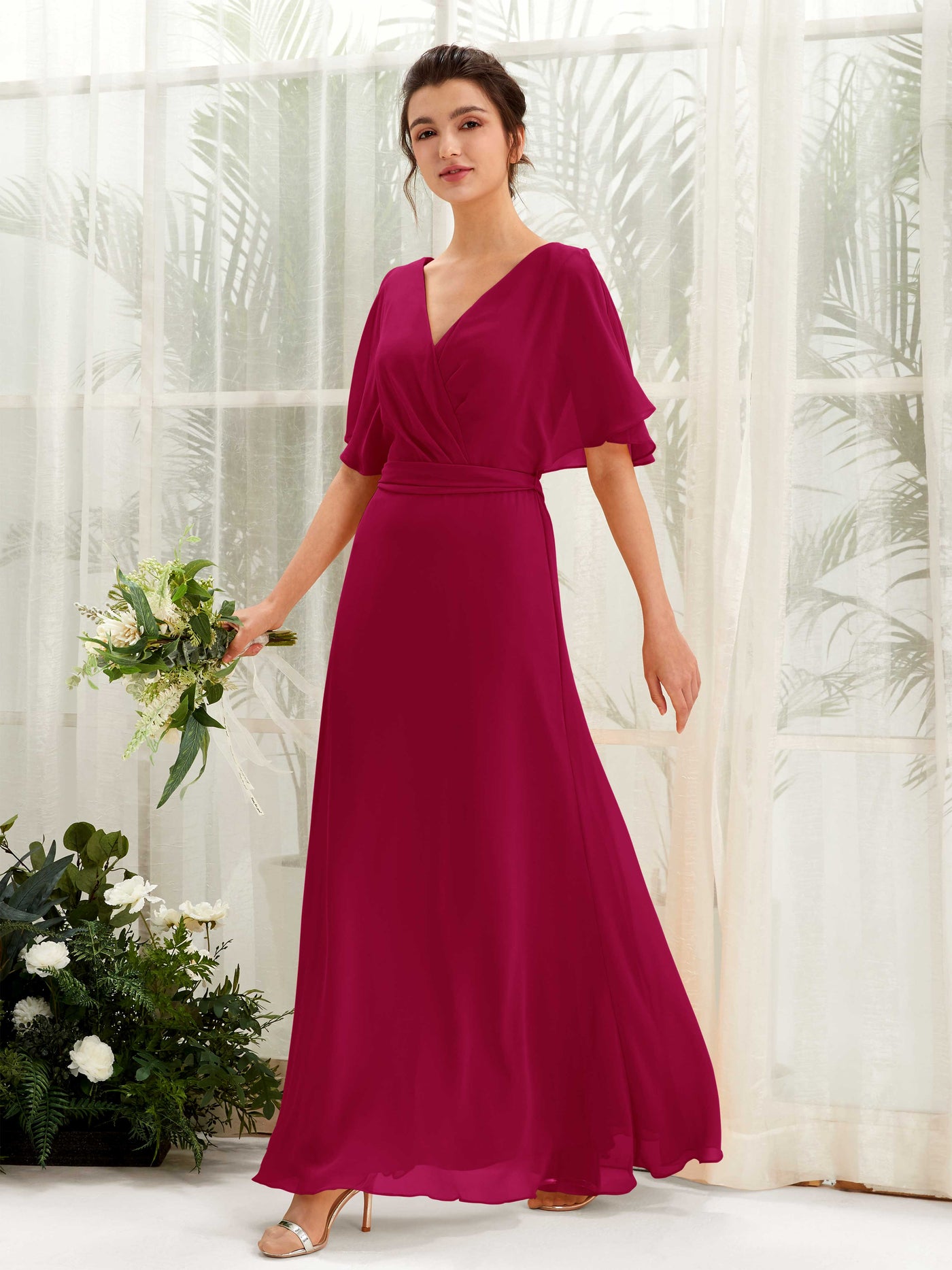 Carlyna A-Linien-Kleid V-Ausschnitt Umhang-Ärmel Bodenlang Brautjungfernkleid Narrenrot #farbe_narrenrot