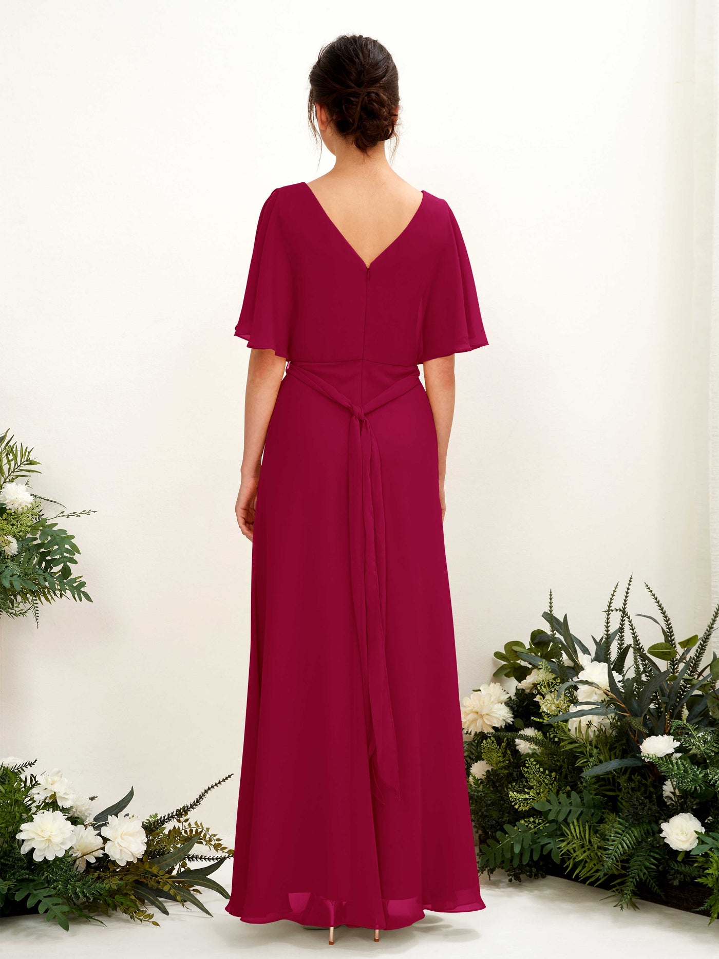 Carlyna A-Linien-Kleid V-Ausschnitt Umhang-Ärmel Bodenlang Brautjungfernkleid Narrenrot #farbe_narrenrot