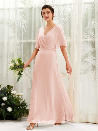 Carlyna A-Linien-Kleid V-Ausschnitt Umhang-Ärmel Bodenlang Brautjungfernkleid Perlrosa #farbe_perlrosa