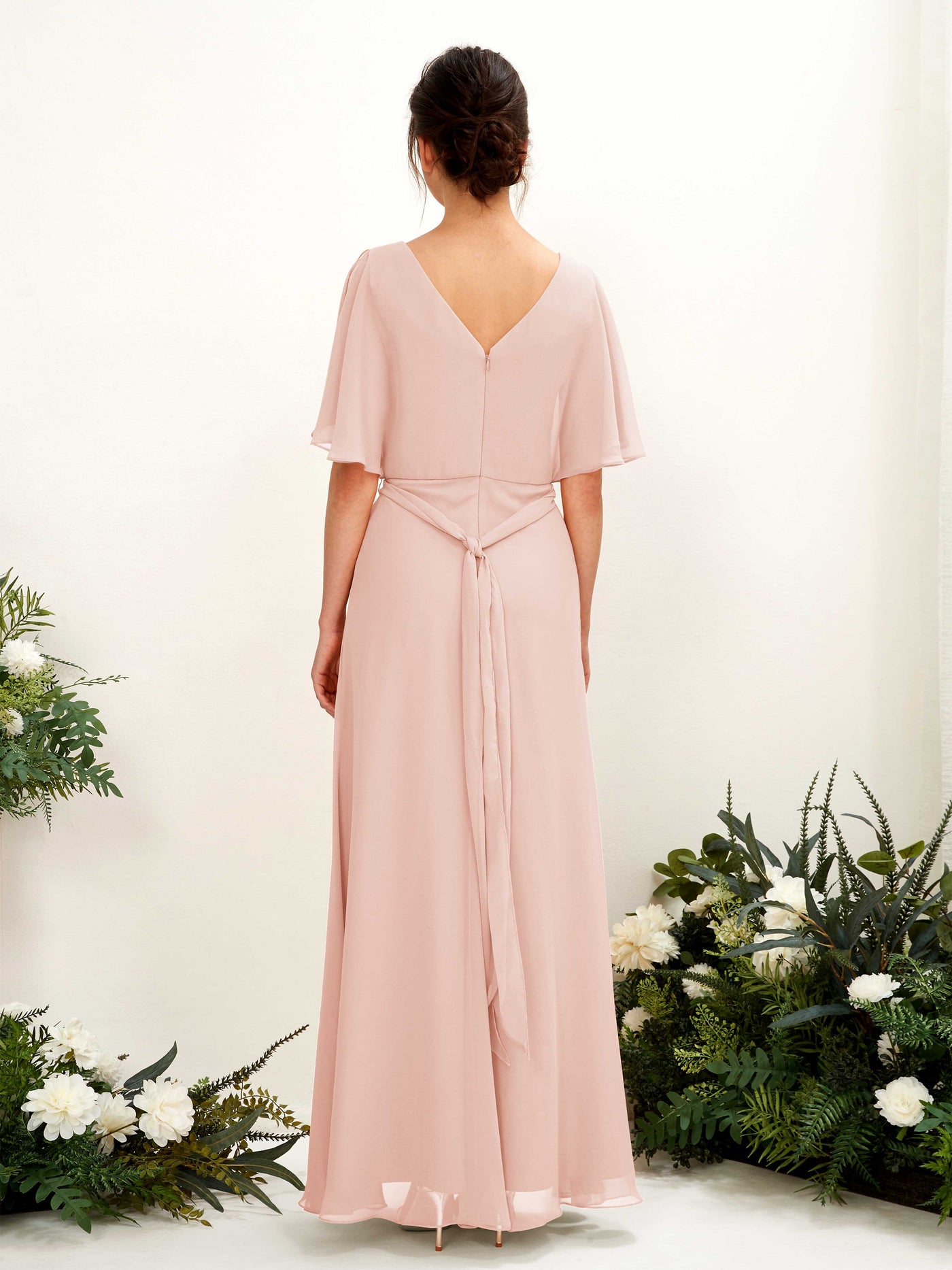 Carlyna A-Linien-Kleid V-Ausschnitt Umhang-Ärmel Bodenlang Brautjungfernkleid Perlrosa #farbe_perlrosa
