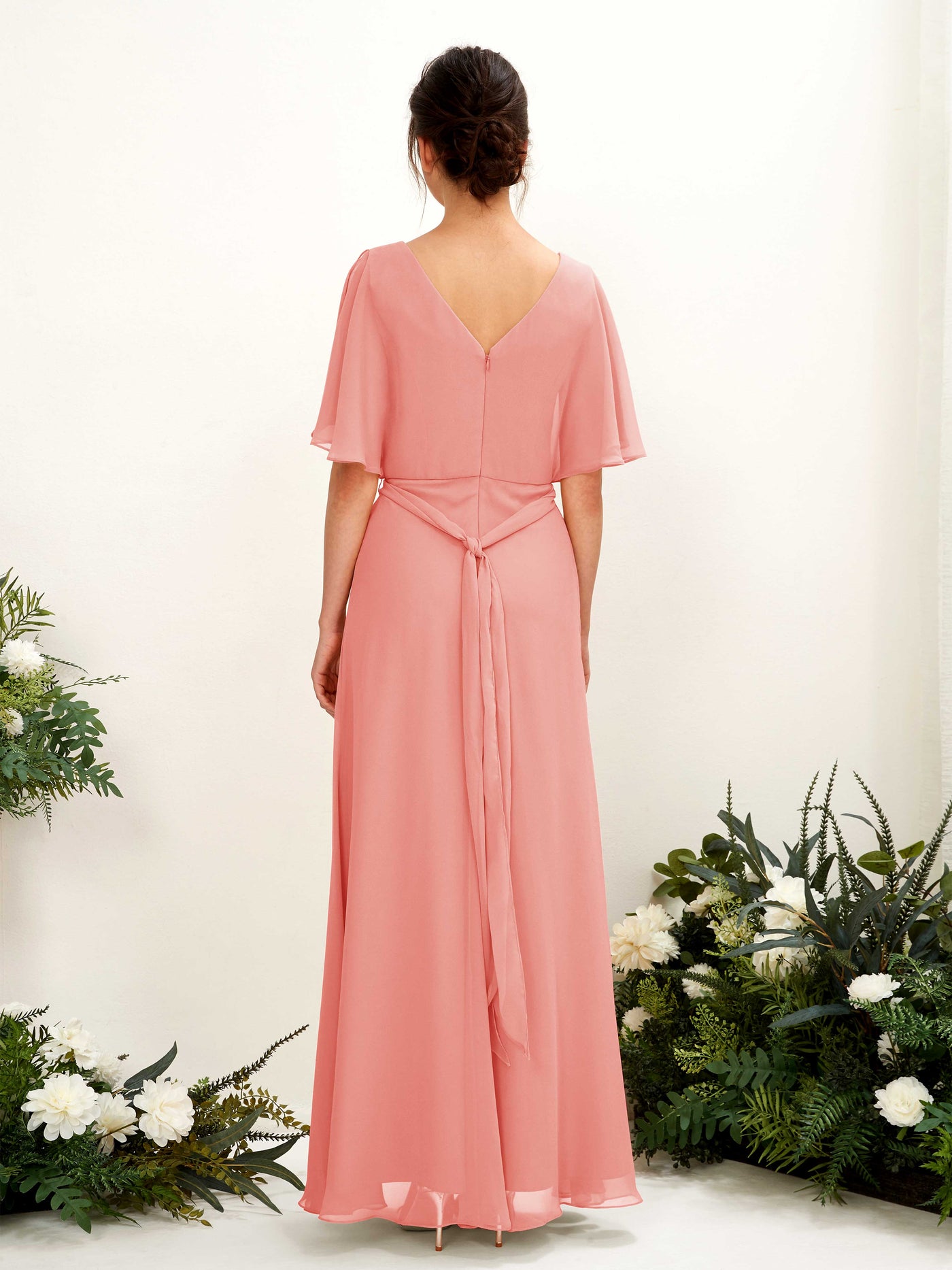 Carlyna A-Linien-Kleid V-Ausschnitt Umhang-Ärmel Bodenlang Brautjungfernkleid Pfirsichrosa #farbe_pfirsichrosa