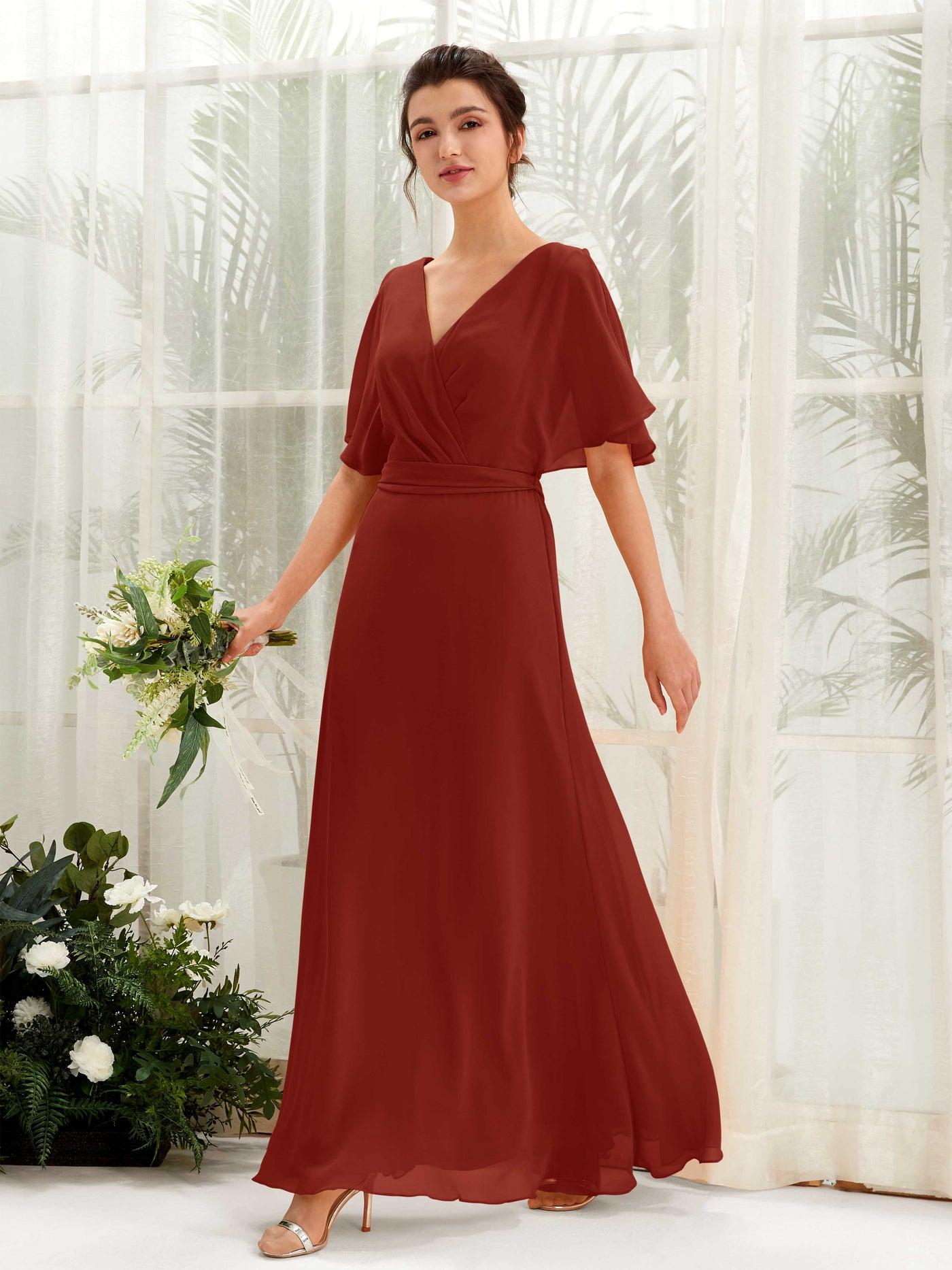 Carlyna A-Linien-Kleid V-Ausschnitt Umhang-Ärmel Bodenlang Brautjungfernkleid Rostrot #farbe_rostrot