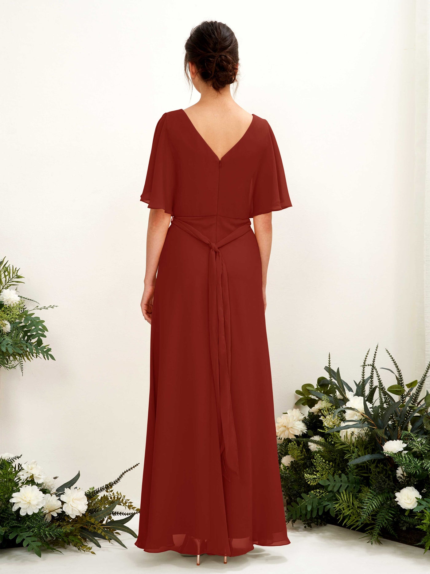 Carlyna A-Linien-Kleid V-Ausschnitt Umhang-Ärmel Bodenlang Brautjungfernkleid Rostrot #farbe_rostrot
