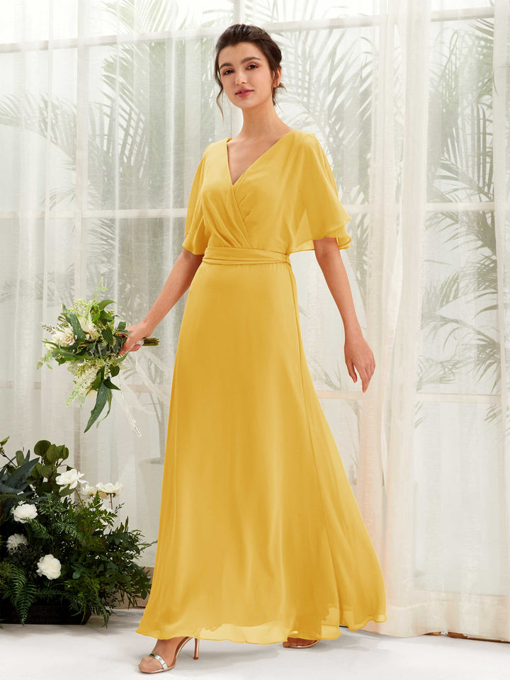 Carlyna A-Linien-Kleid V-Ausschnitt Umhang-Ärmel Bodenlang Brautjungfernkleid Senfgelb 