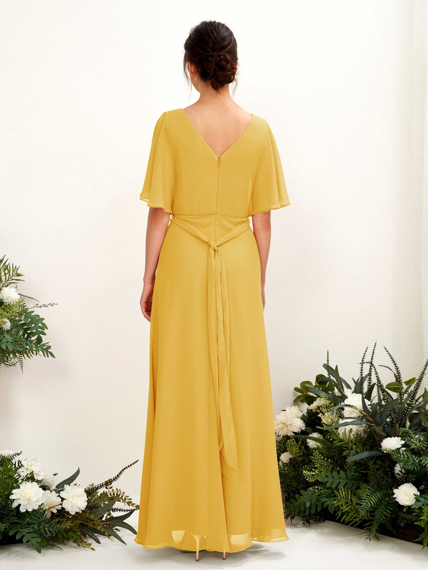 Carlyna A-Linien-Kleid V-Ausschnitt Umhang-Ärmel Bodenlang Brautjungfernkleid Senfgelb #farbe_senfgelb