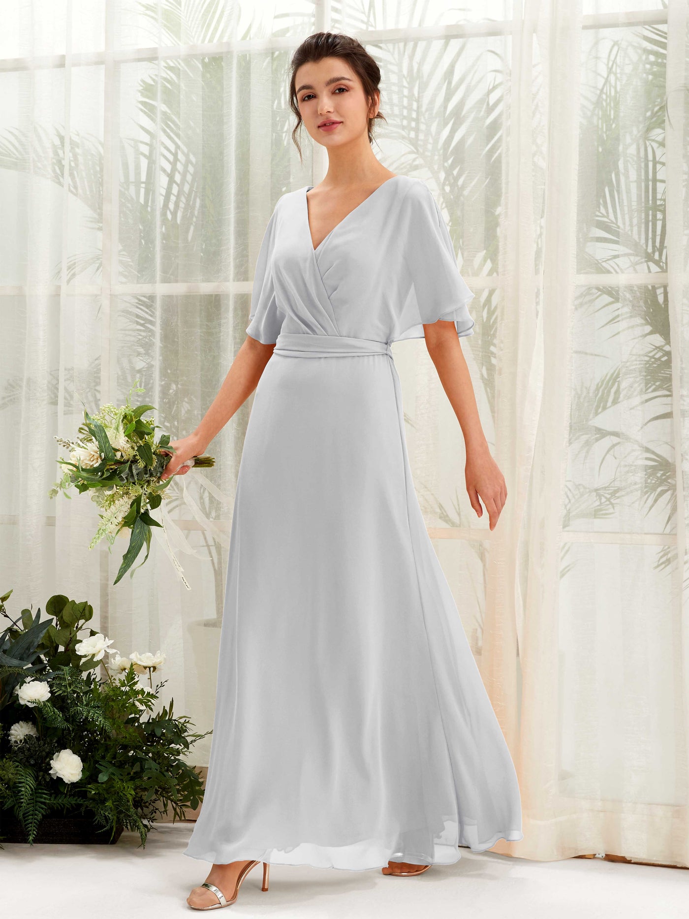 Carlyna A-Linien-Kleid V-Ausschnitt Umhang-Ärmel Bodenlang Brautjungfernkleid Silber #farbe_silber