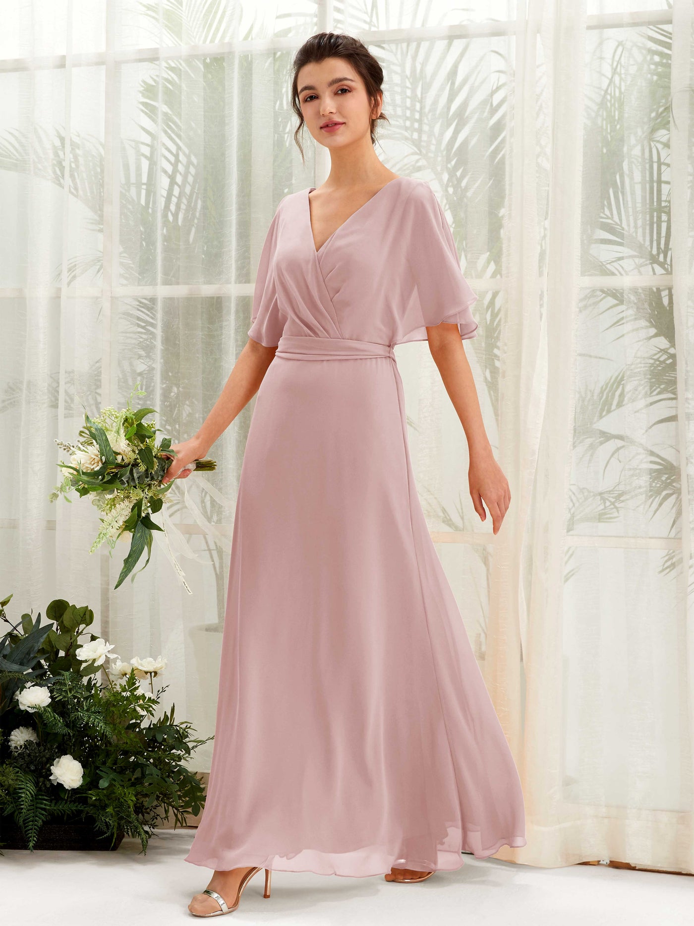 Carlyna A-Linien-Kleid V-Ausschnitt Umhang-Ärmel Bodenlang Brautjungfernkleid Staubige Rose #farbe_staubige-rose