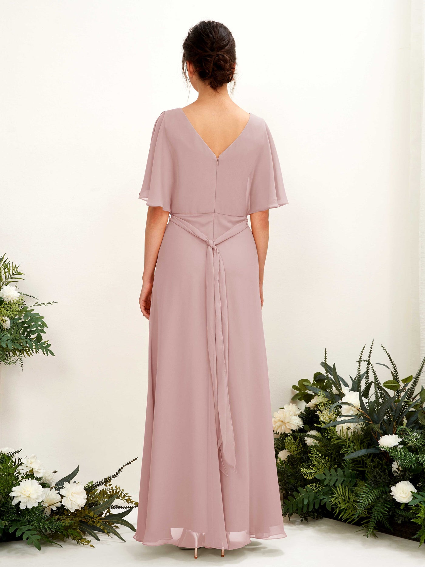 Carlyna A-Linien-Kleid V-Ausschnitt Umhang-Ärmel Bodenlang Brautjungfernkleid Staubige Rose #farbe_staubige-rose