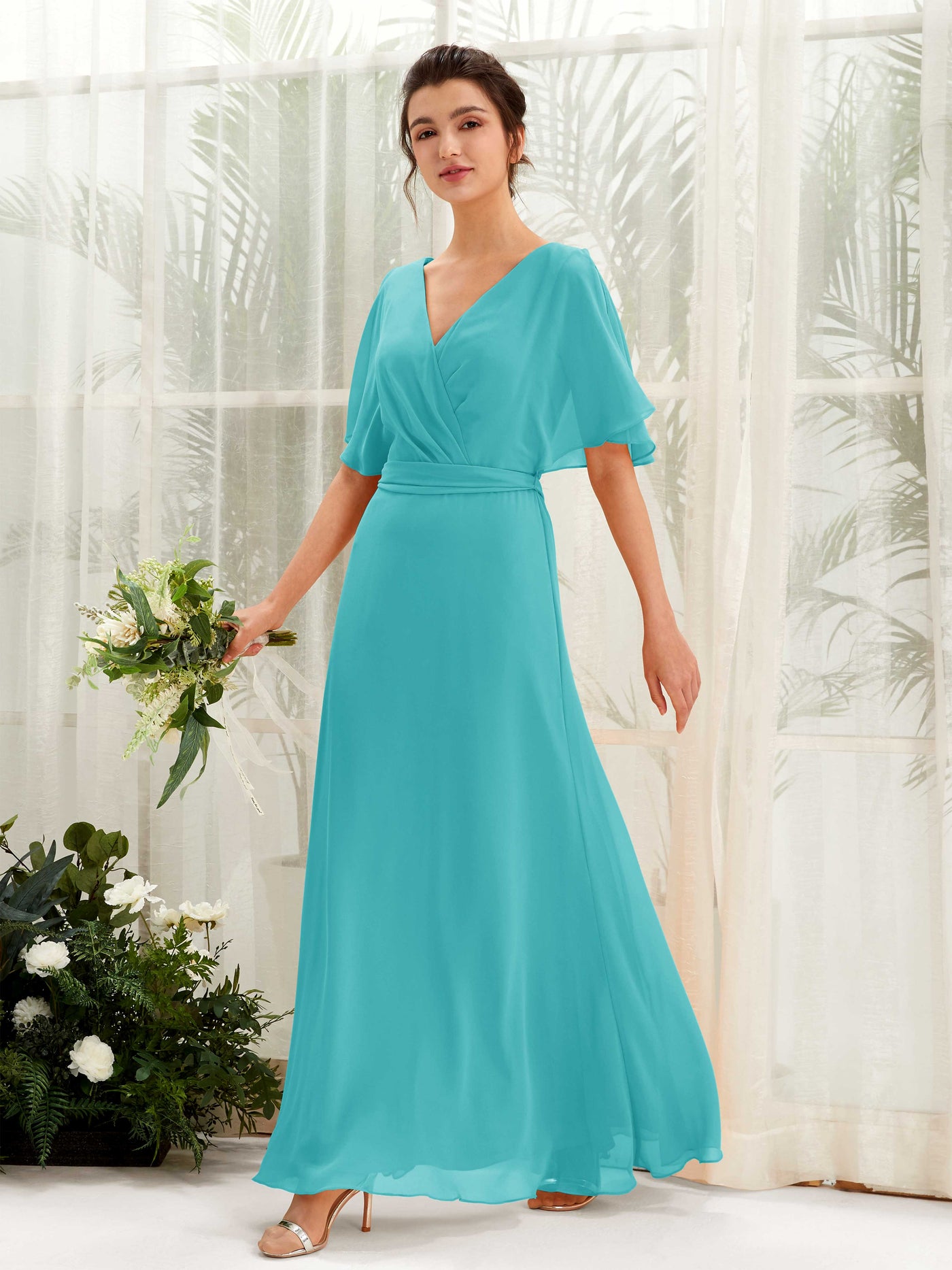 Carlyna A-Linien-Kleid V-Ausschnitt Umhang-Ärmel Bodenlang Brautjungfernkleid Türkis #farbe_t-rkis