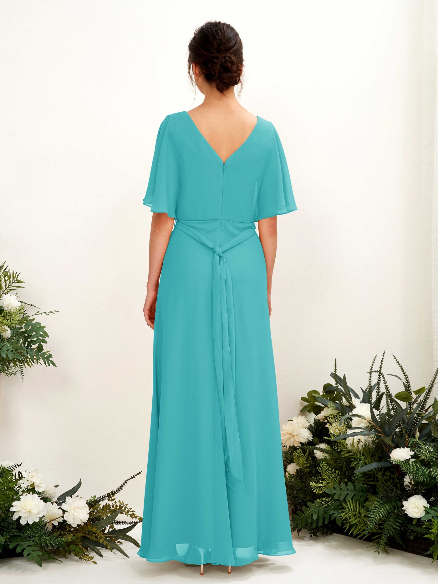 Carlyna A-Linien-Kleid V-Ausschnitt Umhang-Ärmel Bodenlang Brautjungfernkleid Türkis #farbe_t-rkis
