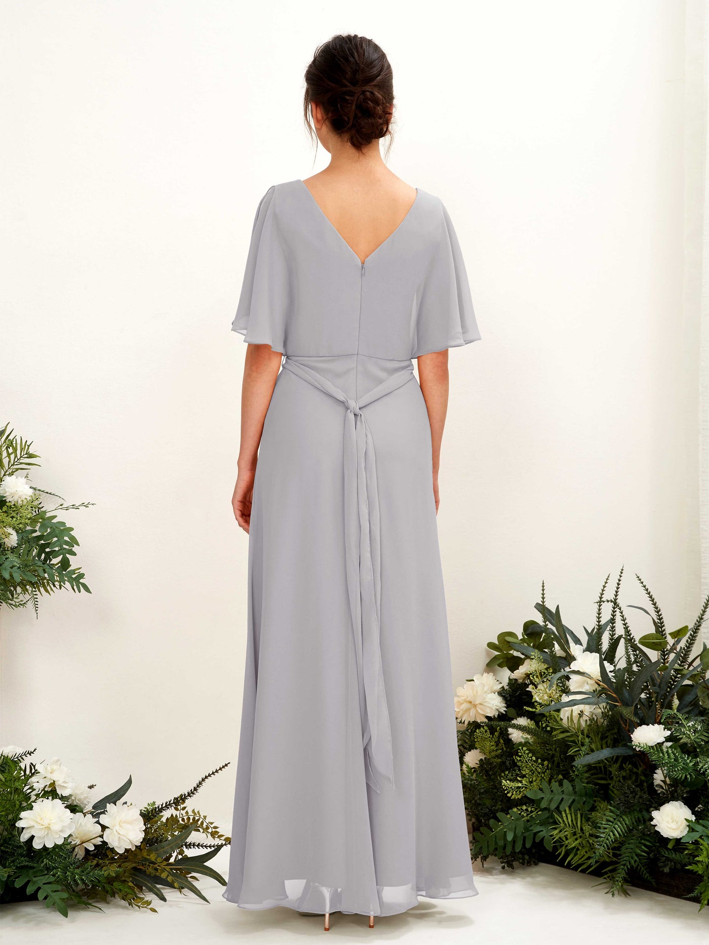 Carlyna A-Linien-Kleid V-Ausschnitt Umhang-Ärmel Bodenlang Brautjungfernkleid Taube #farbe_taube