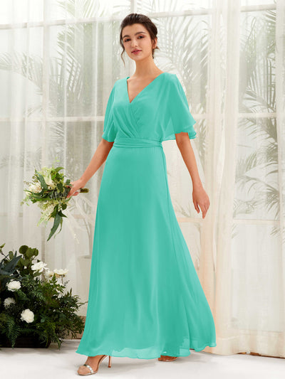 Carlyna A-Linien-Kleid V-Ausschnitt Umhang-Ärmel Bodenlang Brautjungfernkleid Tiffany-Blau #farbe_tiffany-blau