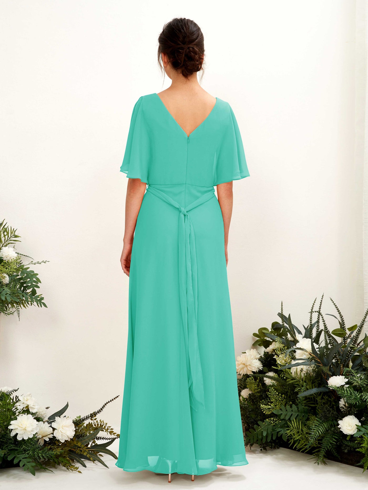 Carlyna A-Linien-Kleid V-Ausschnitt Umhang-Ärmel Bodenlang Brautjungfernkleid Tiffany-Blau #farbe_tiffany-blau