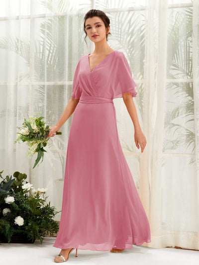 Carlyna A-Linien-Kleid V-Ausschnitt Umhang-Ärmel Bodenlang Brautjungfernkleid Wüstenrose #farbe_w-stenrose
