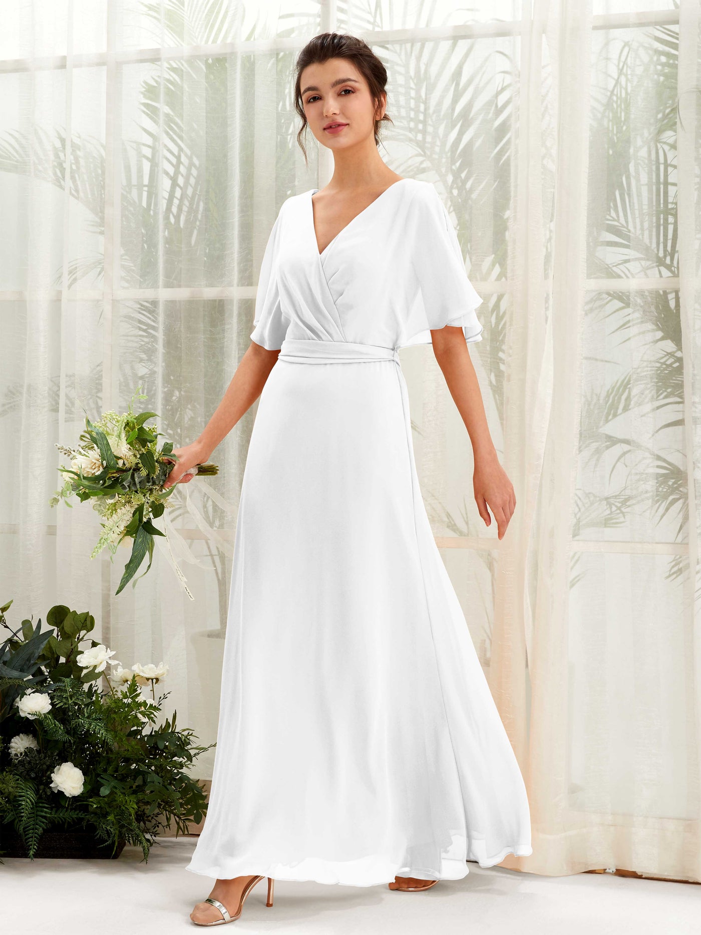 Carlyna A-Linien-Kleid V-Ausschnitt Umhang-Ärmel Bodenlang Brautjungfernkleid Weiß #farbe_wei