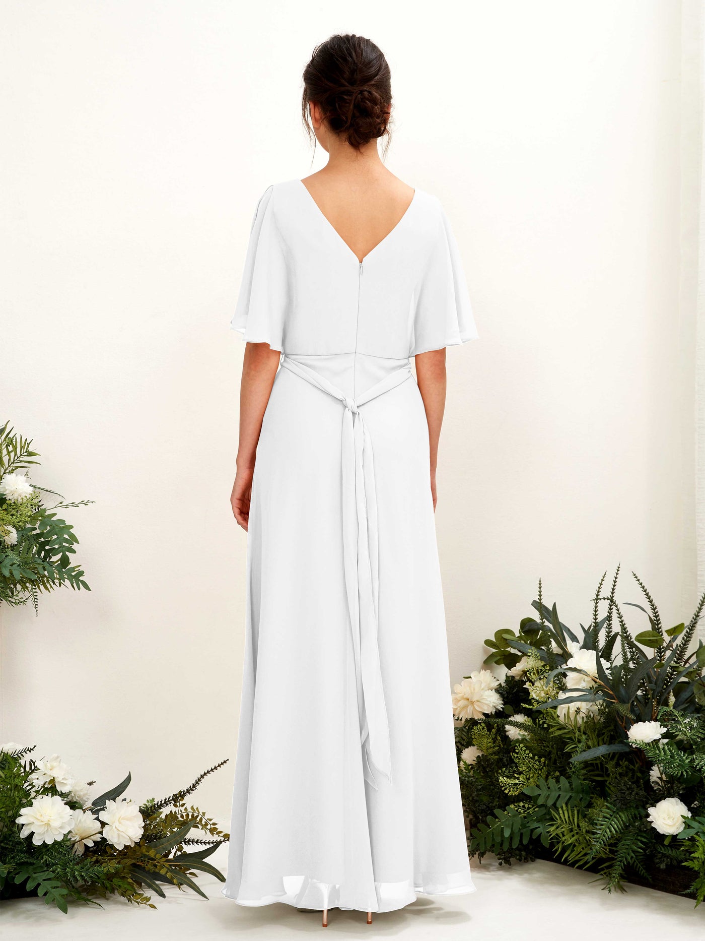 Carlyna A-Linien-Kleid V-Ausschnitt Umhang-Ärmel Bodenlang Brautjungfernkleid Weiß #farbe_wei
