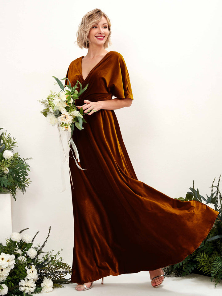 Carlyna A-Linien-Kleid V-Ausschnitt Wickelausschnitt Bodenlang Brautjungfernkleider Burant-Orange 