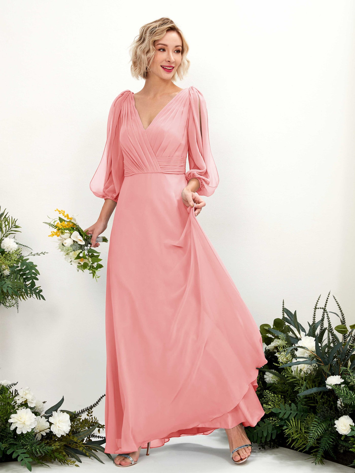 Carlyna A-Linien-Kleid V-Ausschnitt Wickelausschnitt Dreiviertelarm Bodenlang Brautjungfernkleider Ballettrosa #farbe_ballettrosa
