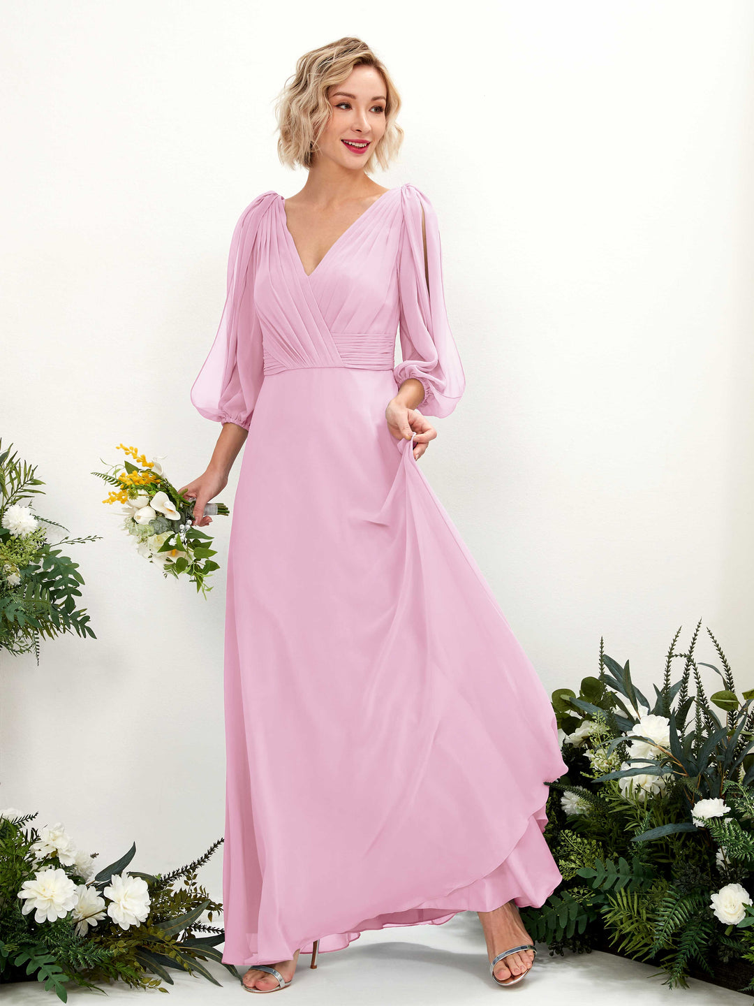 Carlyna A-Linien-Kleid V-Ausschnitt Wickelausschnitt Dreiviertelarm Bodenlang Brautjungfernkleider Bonbonrosa 