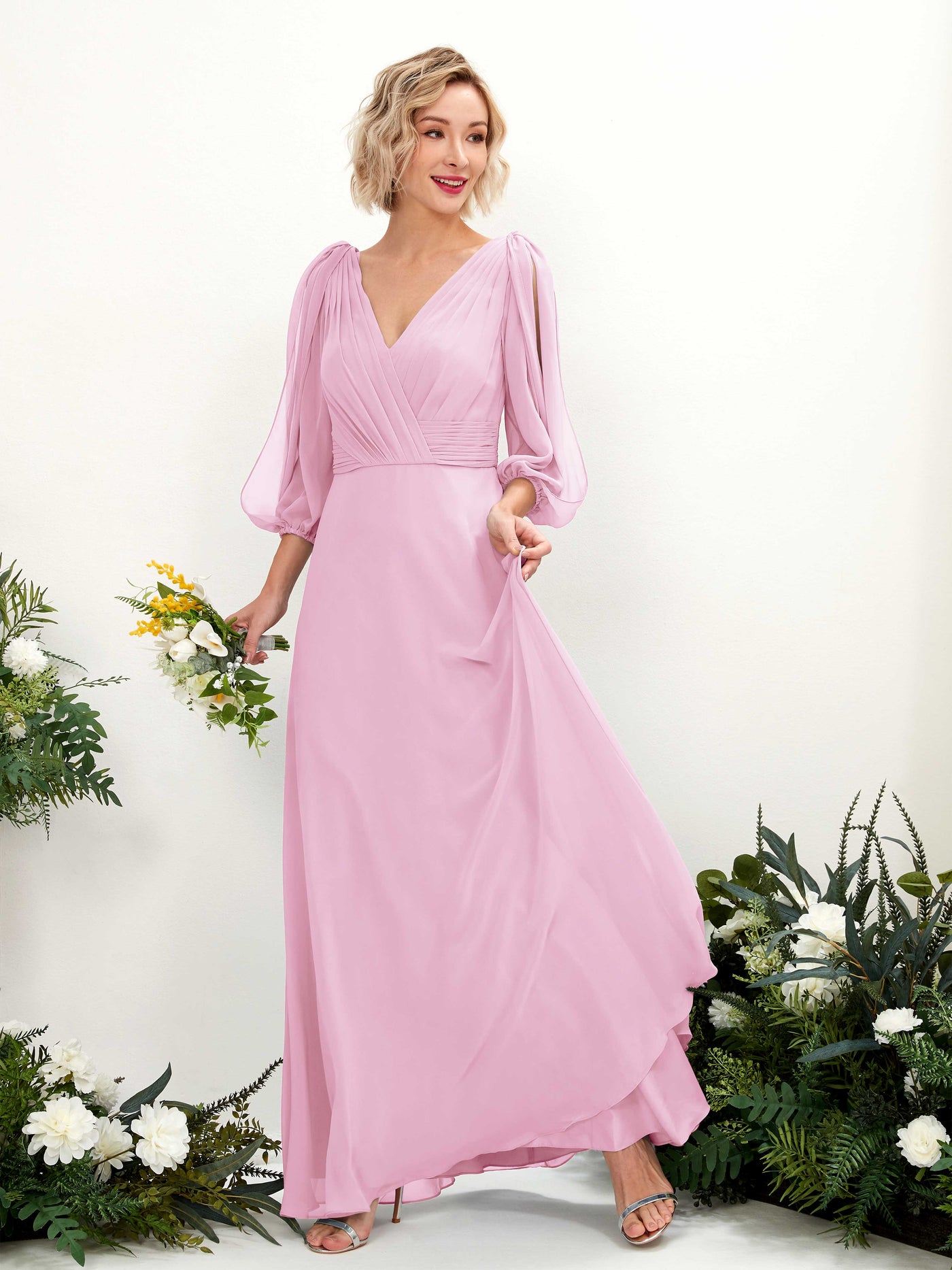 Carlyna A-Linien-Kleid V-Ausschnitt Wickelausschnitt Dreiviertelarm Bodenlang Brautjungfernkleider Bonbonrosa #farbe_bonbonrosa