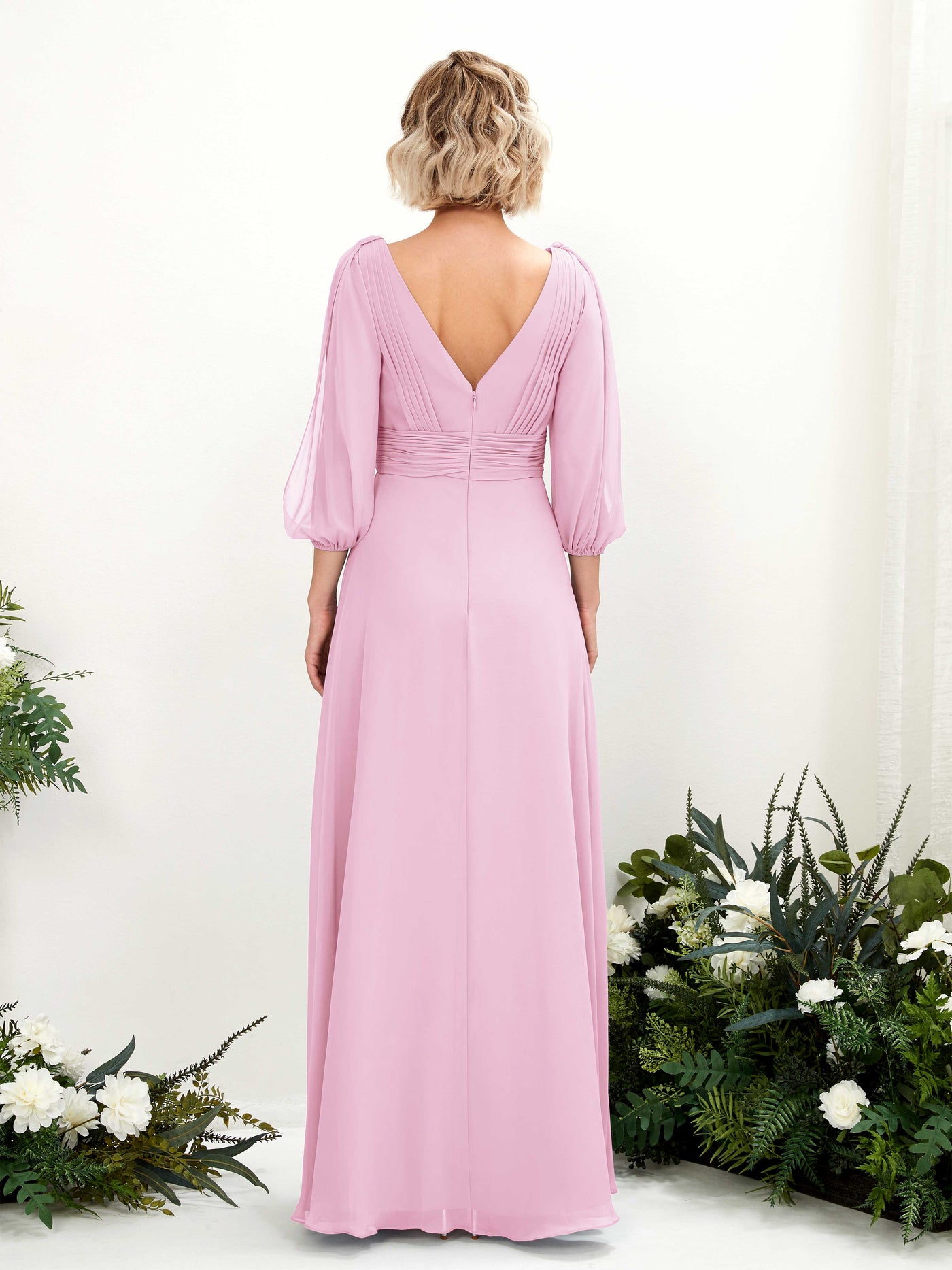Carlyna A-Linien-Kleid V-Ausschnitt Wickelausschnitt Dreiviertelarm Bodenlang Brautjungfernkleider Bonbonrosa #farbe_bonbonrosa