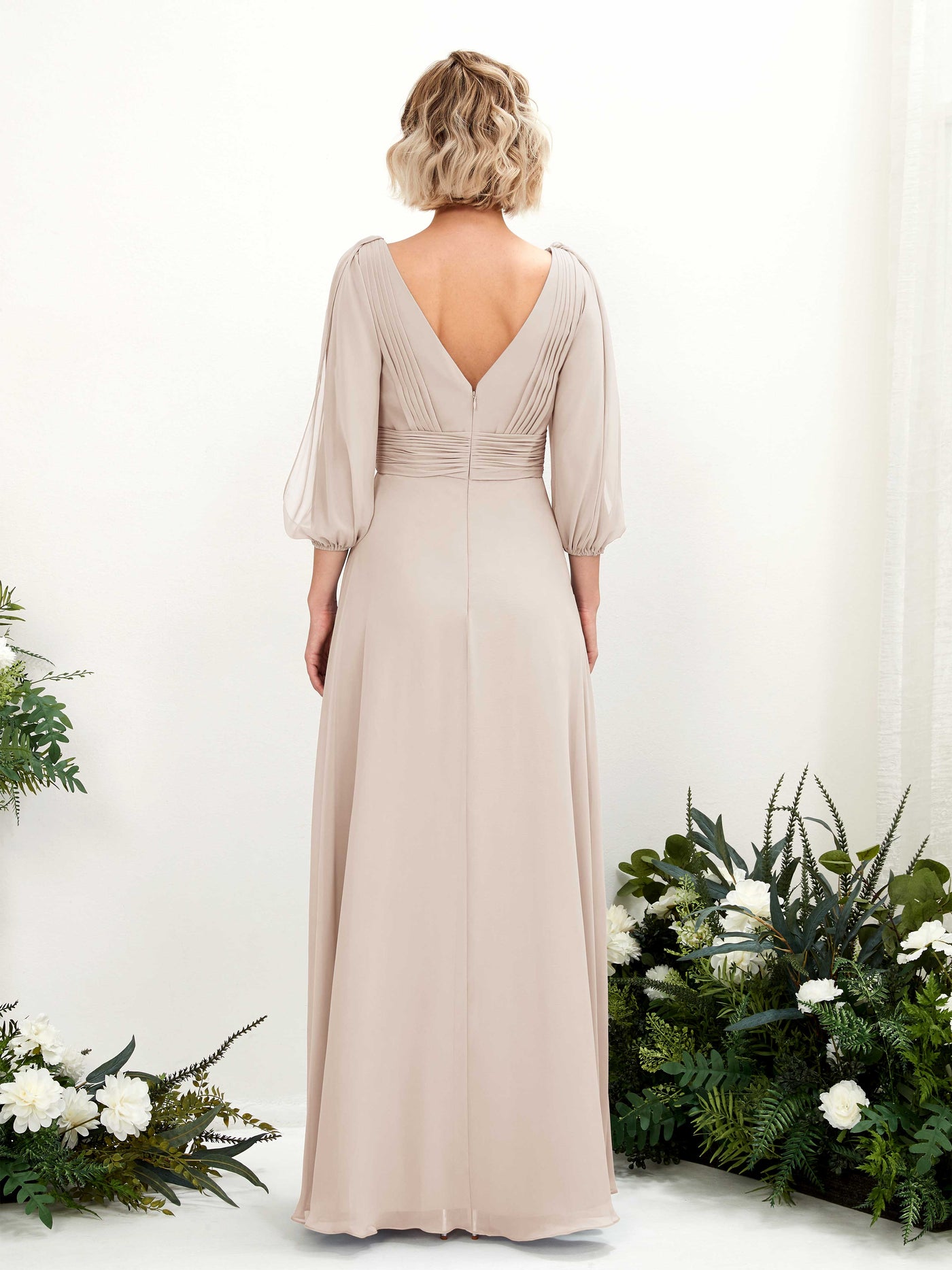 Carlyna A-Linien-Kleid V-Ausschnitt Wickelausschnitt Dreiviertelarm Bodenlang Brautjungfernkleider Champagner #farbe_champagner