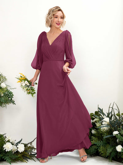 Carlyna A-Linien-Kleid V-Ausschnitt Wickelausschnitt Dreiviertelarm Bodenlang Brautjungfernkleider Chianti #farbe_chianti