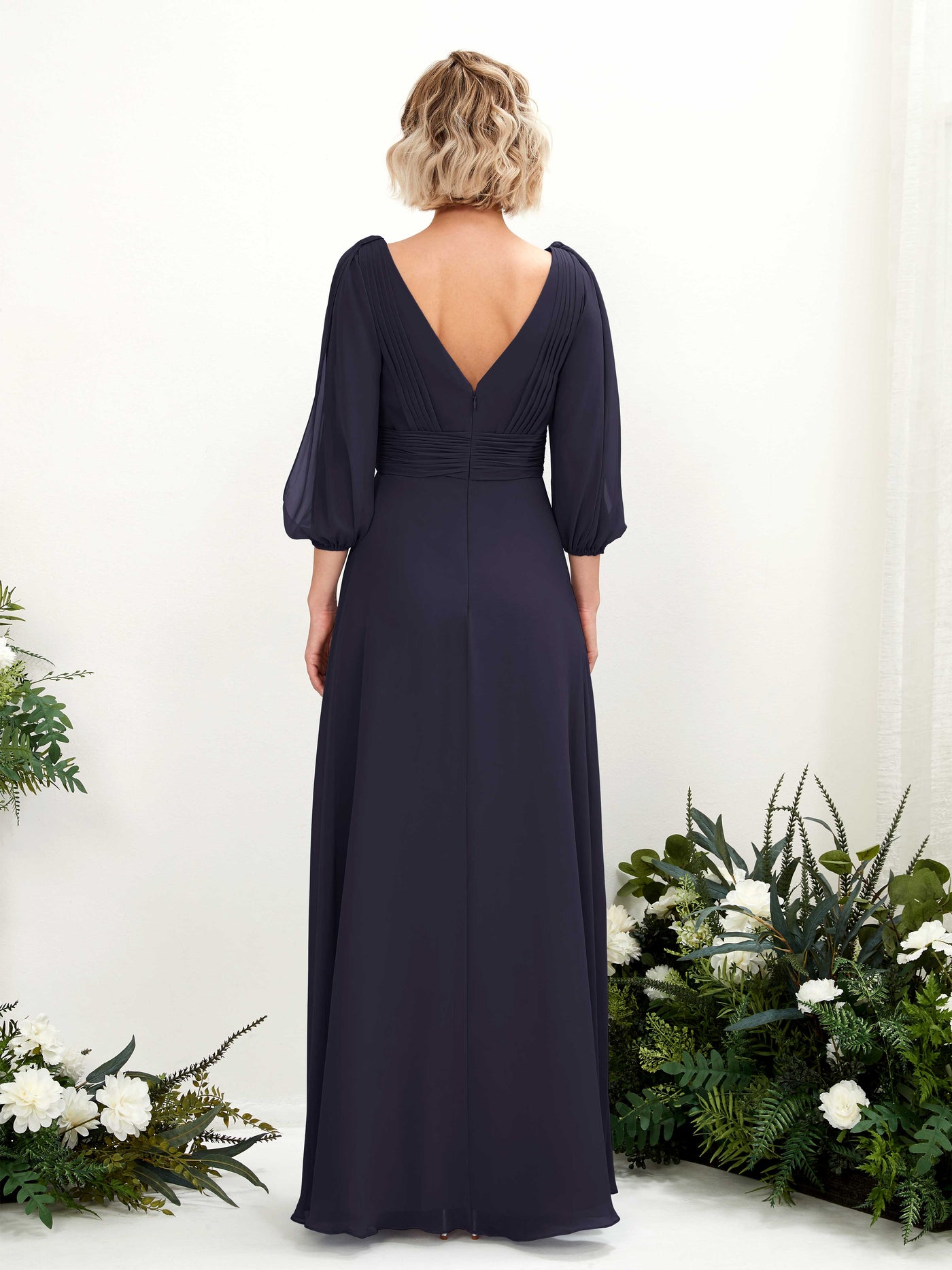Carlyna A-Linien-Kleid V-Ausschnitt Wickelausschnitt Dreiviertelarm Bodenlang Brautjungfernkleider Dunkel Marineblau #farbe_dunkel-marineblau