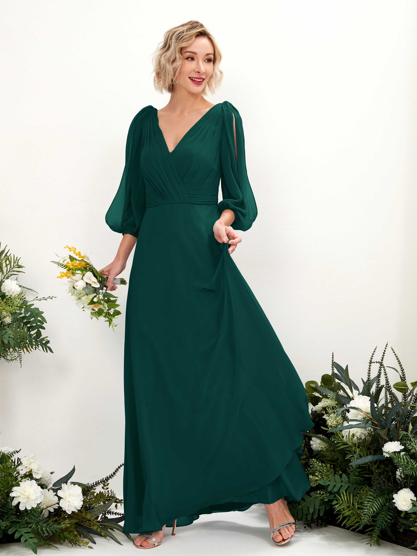 Carlyna A-Linien-Kleid V-Ausschnitt Wickelausschnitt Dreiviertelarm Bodenlang Brautjungfernkleider Dunkelsmaragd #farbe_dunkelsmaragd