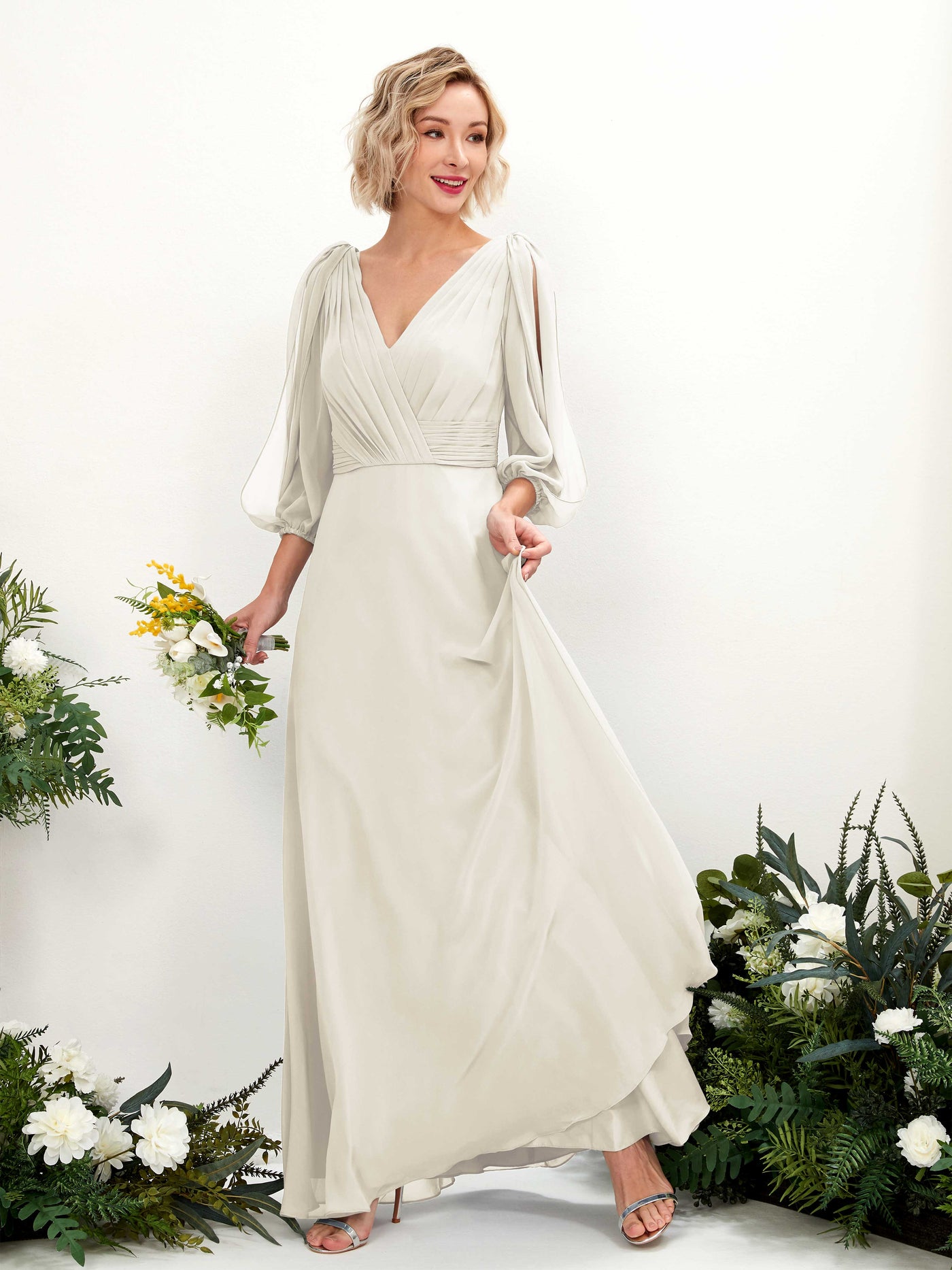 Carlyna A-Linien-Kleid V-Ausschnitt Wickelausschnitt Dreiviertelarm Bodenlang Brautjungfernkleider Elfenbein #farbe_elfenbein
