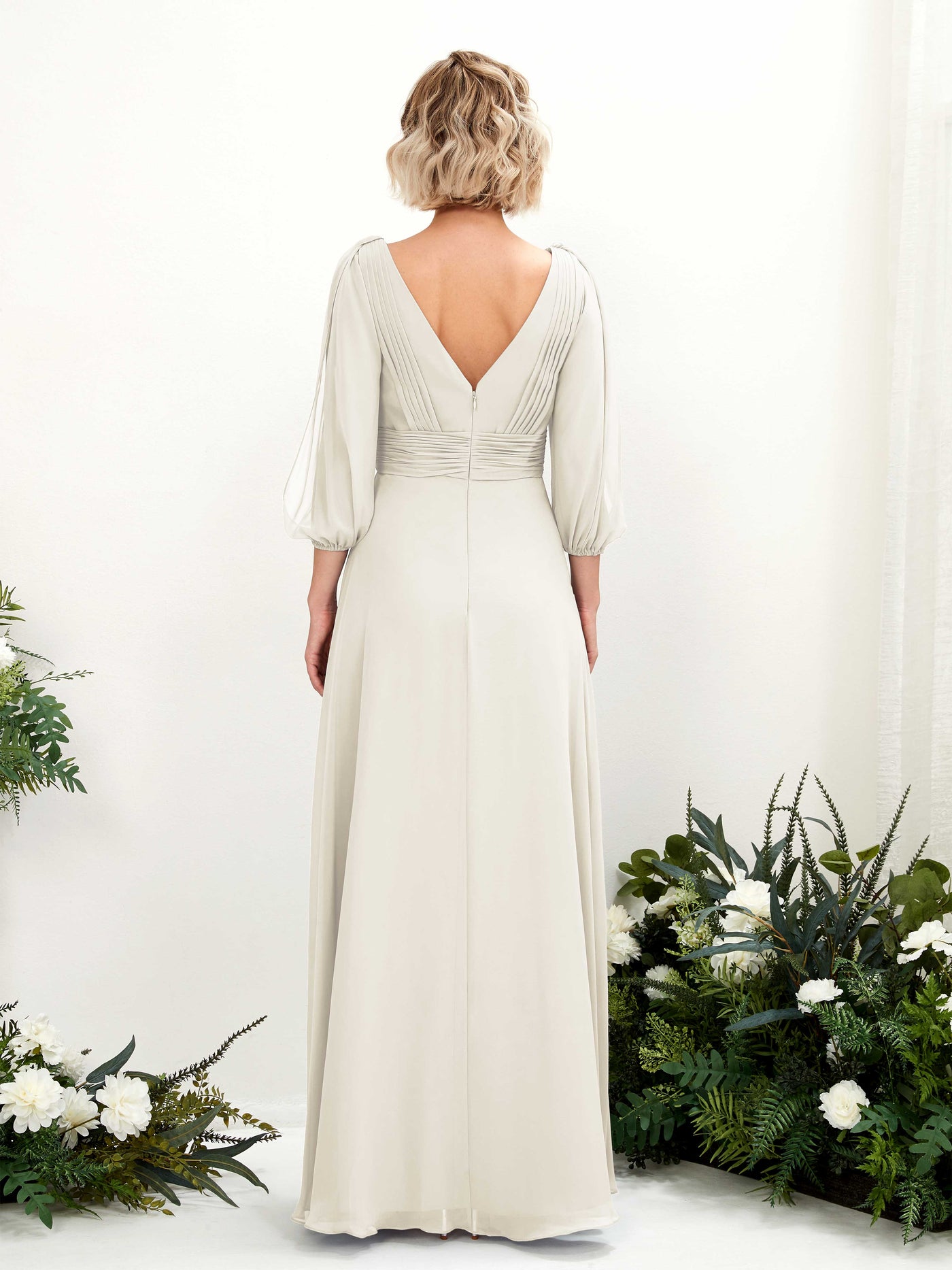 Carlyna A-Linien-Kleid V-Ausschnitt Wickelausschnitt Dreiviertelarm Bodenlang Brautjungfernkleider Elfenbein #farbe_elfenbein