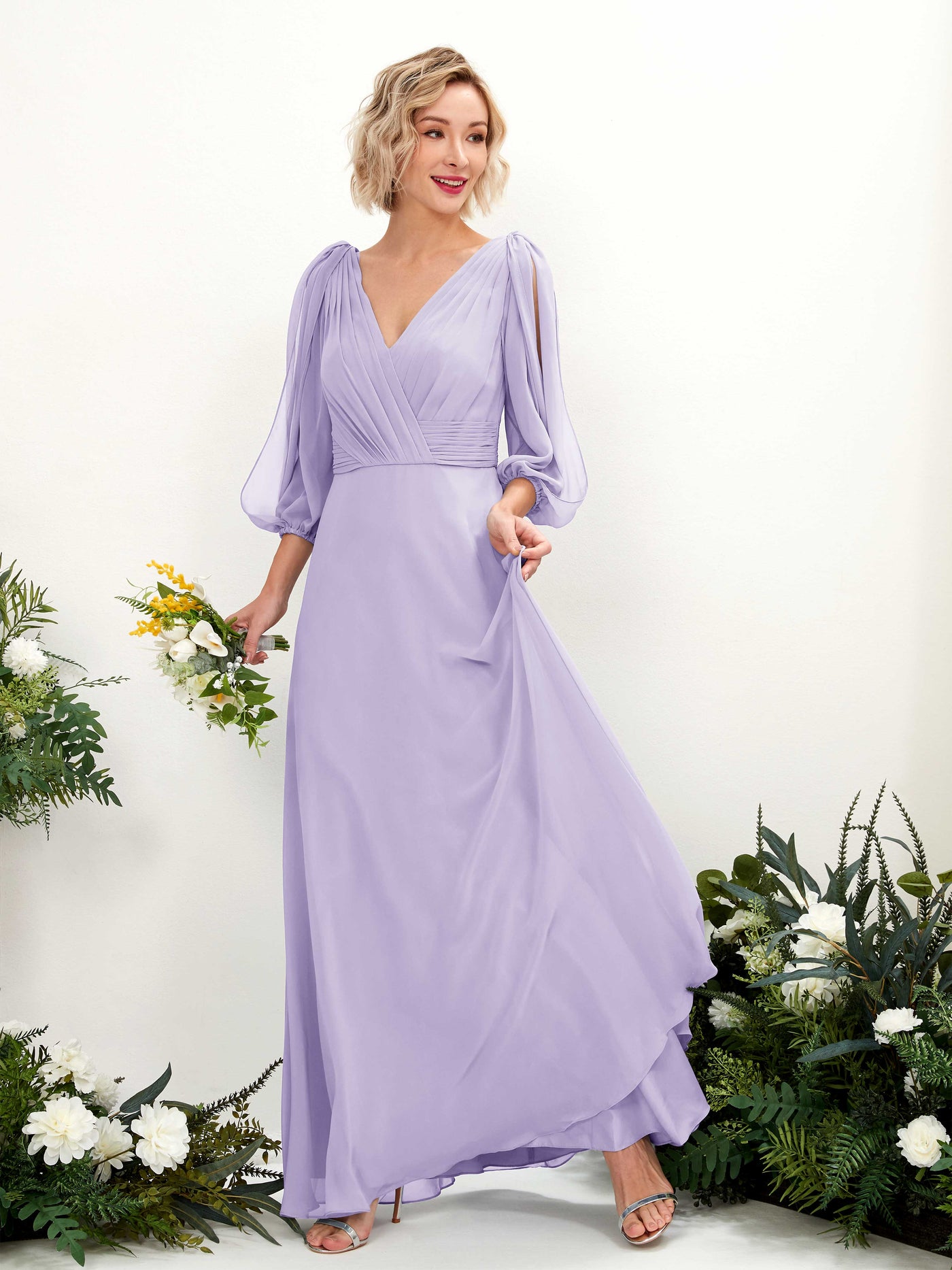 Carlyna A-Linien-Kleid V-Ausschnitt Wickelausschnitt Dreiviertelarm Bodenlang Brautjungfernkleider Flieder #farbe_flieder