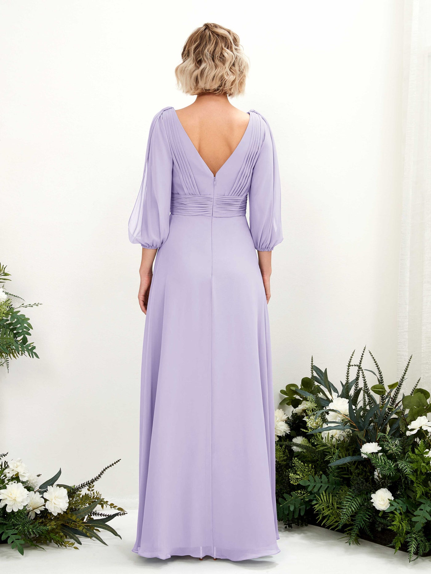 Carlyna A-Linien-Kleid V-Ausschnitt Wickelausschnitt Dreiviertelarm Bodenlang Brautjungfernkleider Flieder #farbe_flieder