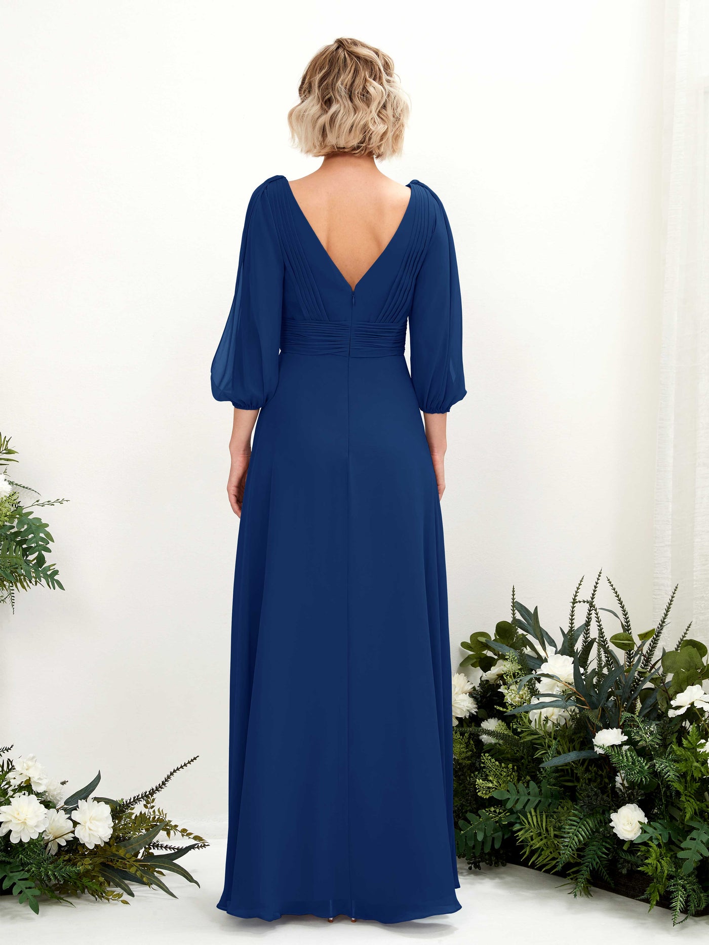 Carlyna A-Linien-Kleid V-Ausschnitt Wickelausschnitt Dreiviertelarm Bodenlang Brautjungfernkleider Königsblau #farbe_k-nigsblau