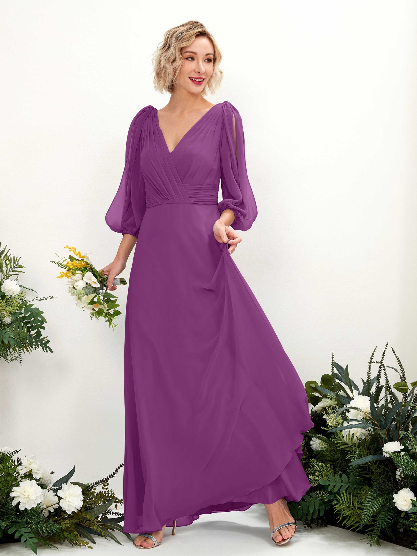 Carlyna A-Linien-Kleid V-Ausschnitt Wickelausschnitt Dreiviertelarm Bodenlang Brautjungfernkleider Lila #farbe_lila